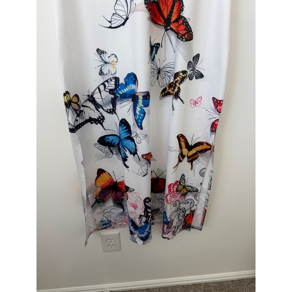Women's White Dress with Butterfly Print & Side Slits – Size Small – NWOT - Picture 4 of 6